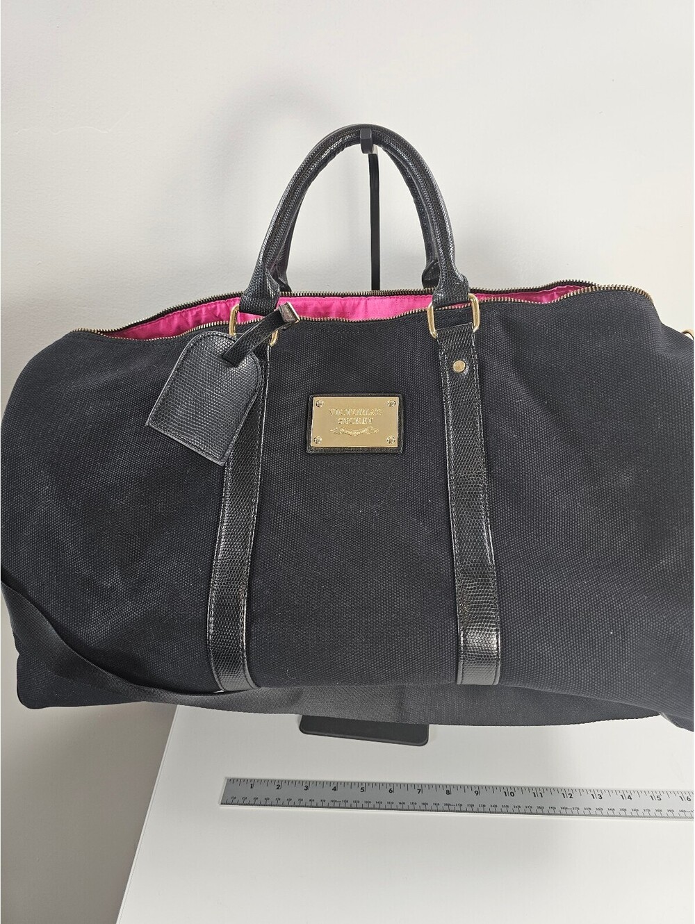 Victoria's Secret Black Canvas and Leather Travel Tote Bag